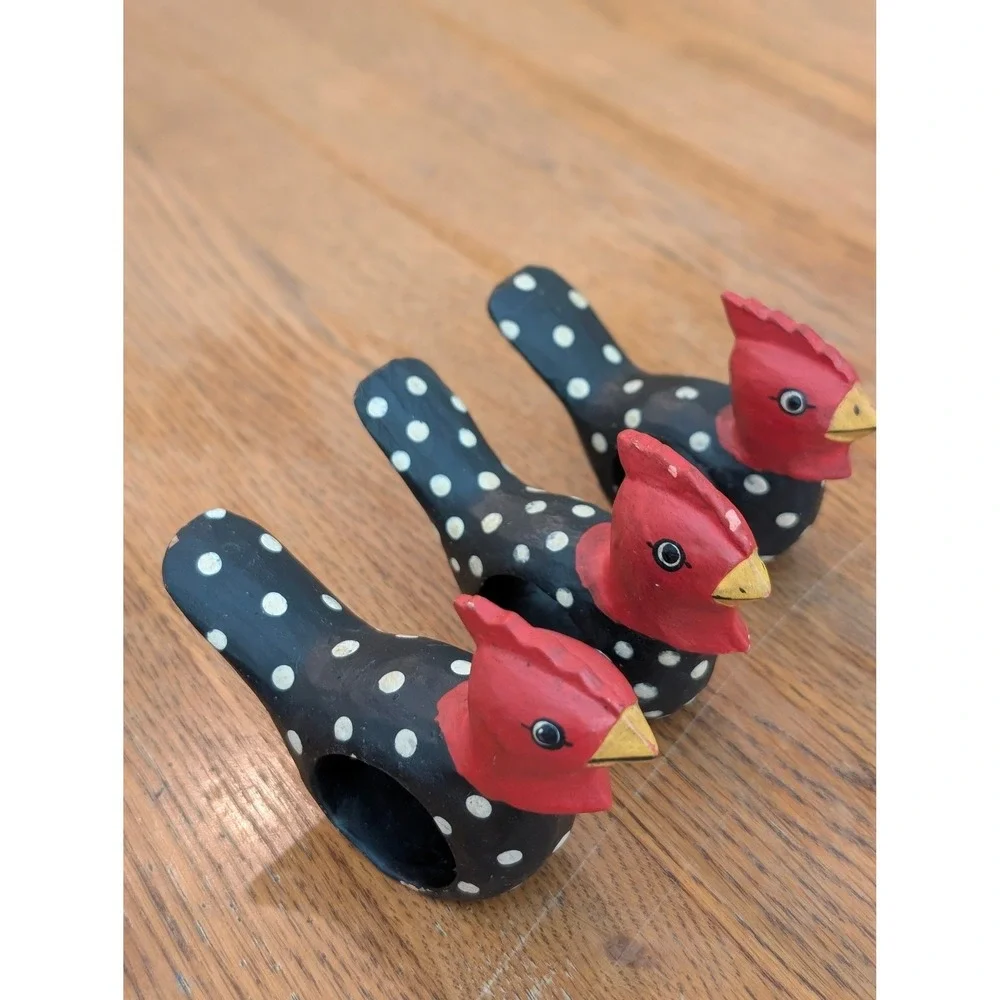 Vintage‎ Hand Painted Wooden Chicken Napkin Rings 4 Black Polka Dot Folk Art